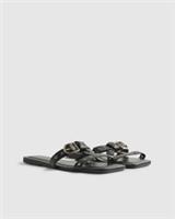 River Island Womens T-Bar Sandals Black Leather Buckle Square Open Toe Shoes