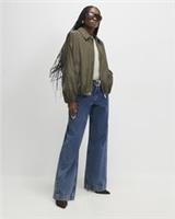 River Island Womens Jacket Khaki Bubble Hem Collared Zip Popper Outerwear Top - M Regular