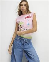 River Island Womens Tank Top Pink Knitted Fabric Palm Tree Embroidered Blouse - M Regular