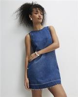 River Island Womens Mini Dress Blue Denim Popper Swing Round Neck Sleeveless - 16 Regular