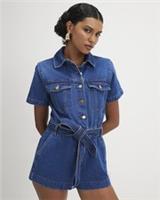 River Island Womens Playsuit Blue Denim Short Sleeve Collared Button Outfit - 18 Regular
