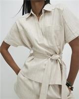 River Island Womens Top Cream Linen Look Collared Belted Short Sleeves Blouse - 14 Regular