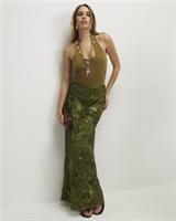 River Island Womens Maxi Skirt Khaki Cornelli Elasticated Waistband Bottom - S Regular