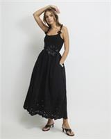 River Island Womens Midi Dress Black Poplin Broderie Tie Back Sleeveless - L Regular