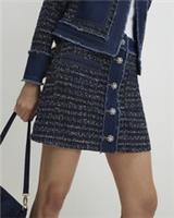 River Island Womens A-Line Mini Skirt Blue Boucle Fabric Button Denim Bottom - 14 Regular