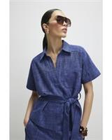 River Island Womens Top Navy Linen Look Collared Belted Short Sleeves Blouse - 16 Regular