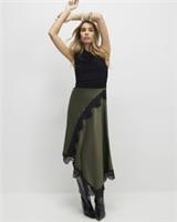 River Island Womens Midi Dress Khaki Lace 2 in 1 Hybrid Design Drape Sleeveless - L Regular