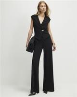 River Island Womens Jumpsuit Black Cap Sleeve Wide Leg V-Neck Button Outfit - XL Regular