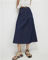 River Island Womens Midi Skirt Blue Panelled Denim Button Zip Fastening Bottom - 12 Regular