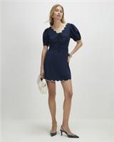 River Island Womens Mini Dress Navy Linen Blend Scallop Trim V-Neck Zip Bow Tie - 12 Regular