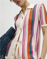 River Island Womens Shirt Cream Striped Crochet Short Sleeves Collared Top - S Regular
