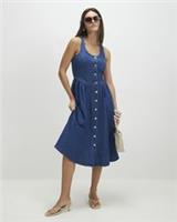 River Island Womens Midi Dress Blue Denim Button Front Sleeveless Scoop Neck - 12 Regular