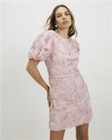 River Island Womens Mini Dress Pink Short Puff Sleeve 3D Floral Round Neck - L Regular