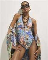 River Island Womens Swimsuit Blue Metallic Abstract Print Plunge Padded Swimwear - 14 Regular