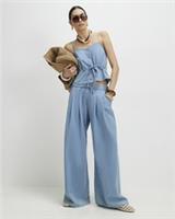 River Island Womens Wide Leg Trousers Blue Denim Look Drawstring Elasticated - 14 Regular Regular