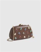 River Island Womens Clutch Bag Brown Mixed Gem Hard Shell Clasp Fastening