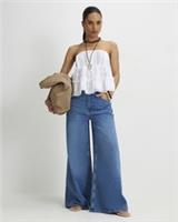 River Island Womens Wide Leg Jeans Petite Blue High Waisted Soft Trousers Pants - 12 Extra Short Petites
