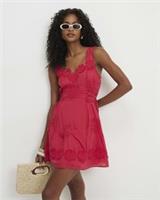 River Island Womens Mini Dress Red Cotton Embroidered V-Neck Zip Fastening - L Regular