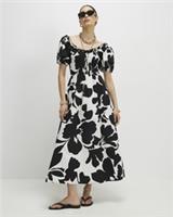 River Island Womens Midi Dress White Monochrome Floral Shirred Round Neck Button - 14 Regular