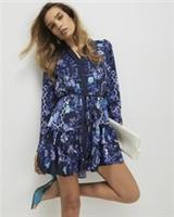 River Island Womens Mini Shirt Dress Blue Floral Long Sleeves V-Neck Top - 12 Regular