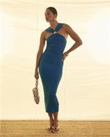 River Island Womens Midi Dress Blue Halter Neck Brooch Knitted Ribbed Sleeveless - L Regular