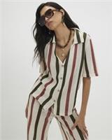 River Island Womens Shirt Cream Crochet Stripe Short Sleeves Collared Top - M Regular