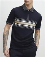 River Island Mens Polo Shirt Navy Slim Fit Stripe Collared Short Sleeves Top - M Regular