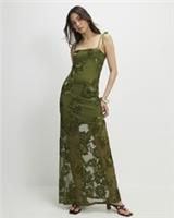 River Island Womens Maxi Dress Khaki Sleeveless Cornelli Design Square Neck - L Regular