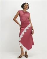 River Island Womens Maxi Dress Pink Lace Hybrid Drape Short Sleeve Asymmetric - L Regular
