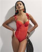 River Island Womens Swimsuit Red Flower Strap Detail Ruched V-Neck Swimwear - 16 Regular