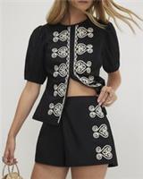 River Island Womens Shorts Black Poplin Fabric Embroidered Elasticated Bottoms - 10 Regular