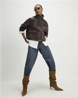 River Island Womens Bomber Jacket Brown Faux Leather Funnel Neck Outerwear Top - L Regular