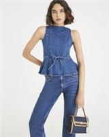 River Island Womens Peplum Top Blue Denim Bow Sleeveless Round Neck Blouse - 6 Regular