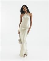 River Island Womens Slip Maxi Dress Gold Halter Neck Satin Sleeveless Fitted - 12 Regular