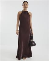 River Island Womens Maxi Dress Petite Brown Satin Halter Neck Tie Sleeveless - 12 Petites
