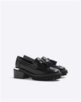 River Island Womens Chunky Loafers Black Round Toe Tassel Detail Slip On Shoes