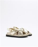 River Island Womens Sandals Gold Cross Strap Footbed Round Open Toe Flat Shoes