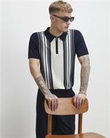 River Island Mens Polo Shirt Navy Slim Fit Stripe Colour Block Short Sleeve Top - XL Regular