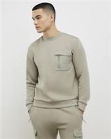 River Island Mens Sweatshirt Khaki Slim Fit Nylon Pocket Crew Neck Pullover Top - M Regular
