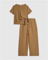 River Island Girls T-Shirt & Pants Set Beige Textured 2 Piece Short Sleeve