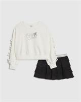 River Island Girls Sweatshirt & Skirt Set Black Bow Graphic 2 Piece Long Sleeve