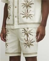 River Island Mens Shorts Green Palm Tree Embroidery Drawstring Waist Bottoms - S Regular