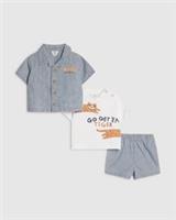 River Island Baby Boys Shirt Set Blue Stripe Tiger T-Shirt Shorts 3 Piece