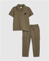 River Island Mini Boys Polo Shirt & Jogger Set Khaki 2 Piece Collared 1/4 Zip