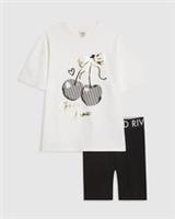 River Island Girls T-Shirt & Cycling Shorts Set White Cherry 2 Piece Crew Neck