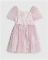 River Island Girls Dress Pink Puff Sleeve Floral Embroidery Tulle Skirt Zip