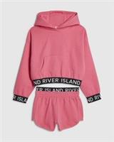 River Island Girls Hoodie & Shorts Set Pink 2 Piece Long Sleeve Hooded RI Waist