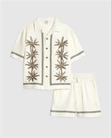 River Island Boys Shirt & Shorts Set Cream Embroidered Palm 2 Piece Collared