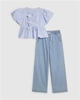 River Island Girls Top & Jeans Set Blue Striped Button 2 Piece Scoop Neck