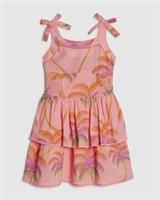 River Island Girls Dress Orange Palm Print Bow Detail Sleeveless Square Neck